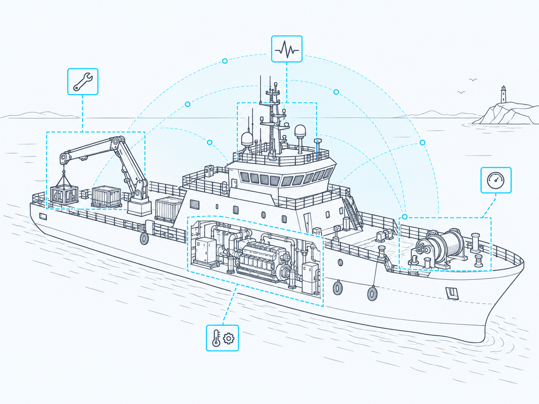 SEALINK line drawing of a vessel with its machinery, deck gear and sensors monitored on one timeline